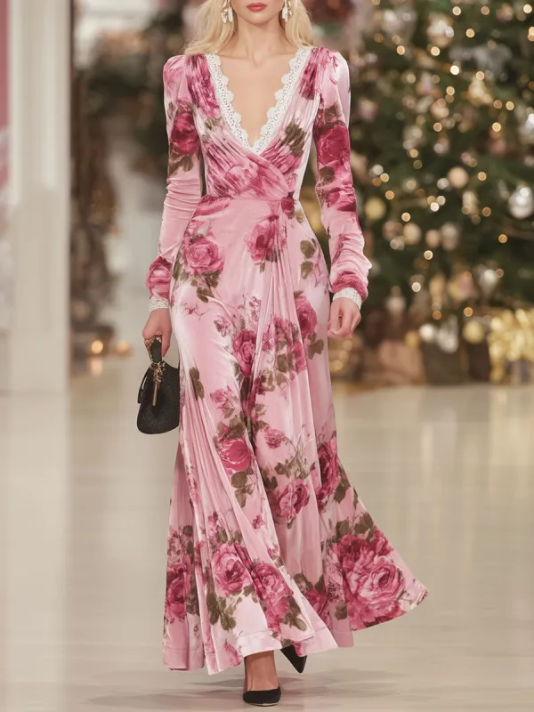 V-neck Rose Print Velvet Lace Maxi Dress sold by Oyrosy