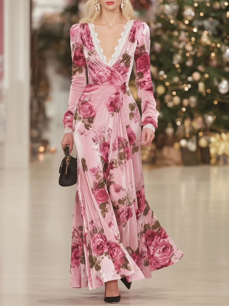V-neck Rose Print Velvet Lace Maxi Dress sold by Oyrosy