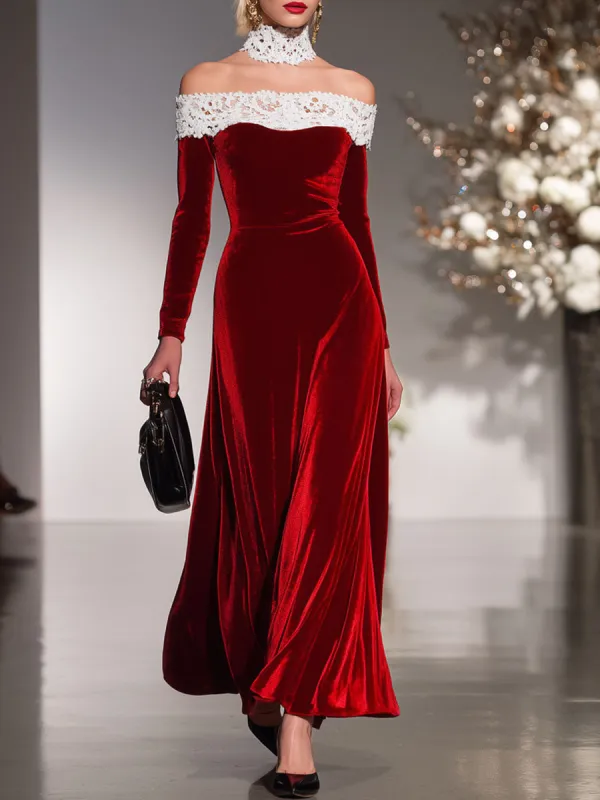 Elegant Velvet Lace Maxi Dress sold by Oyrosy