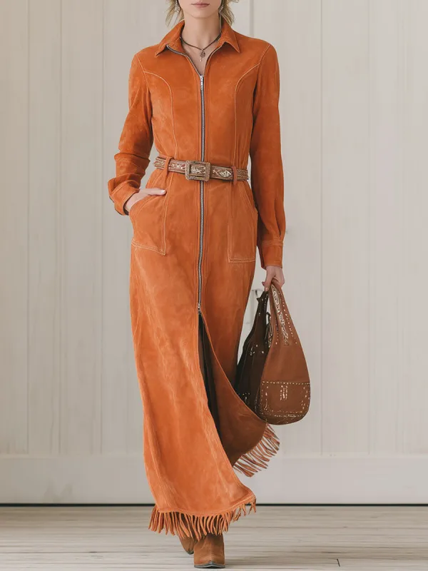 Western Retro Orange Faux Suede Zipper Tassel Long Sleeve Maxi Dress sold by Oyrosy