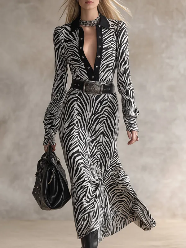 Fashionable Urban Lapel Black Zebra Print Maxi Dress sold by Oyrosy