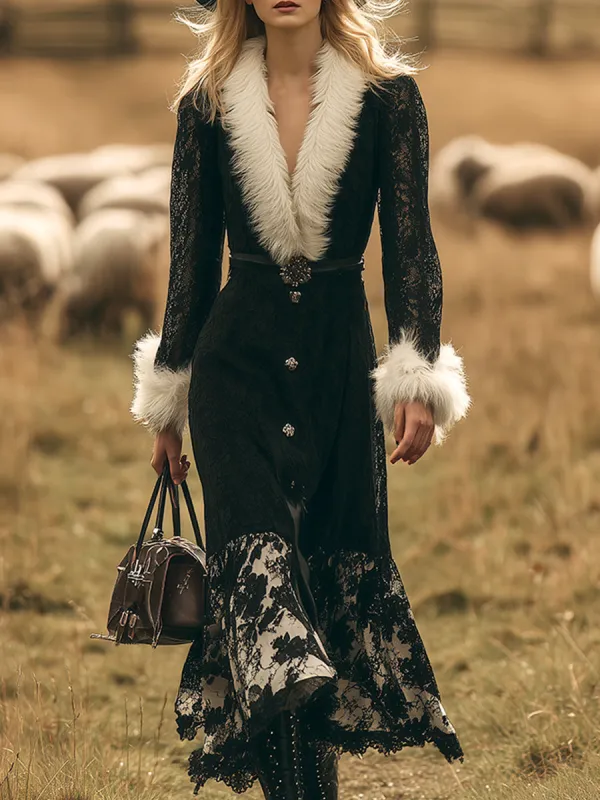 Vintage Luxury White Fur Trim Black Lace Maxi Dress sold by Oyrosy