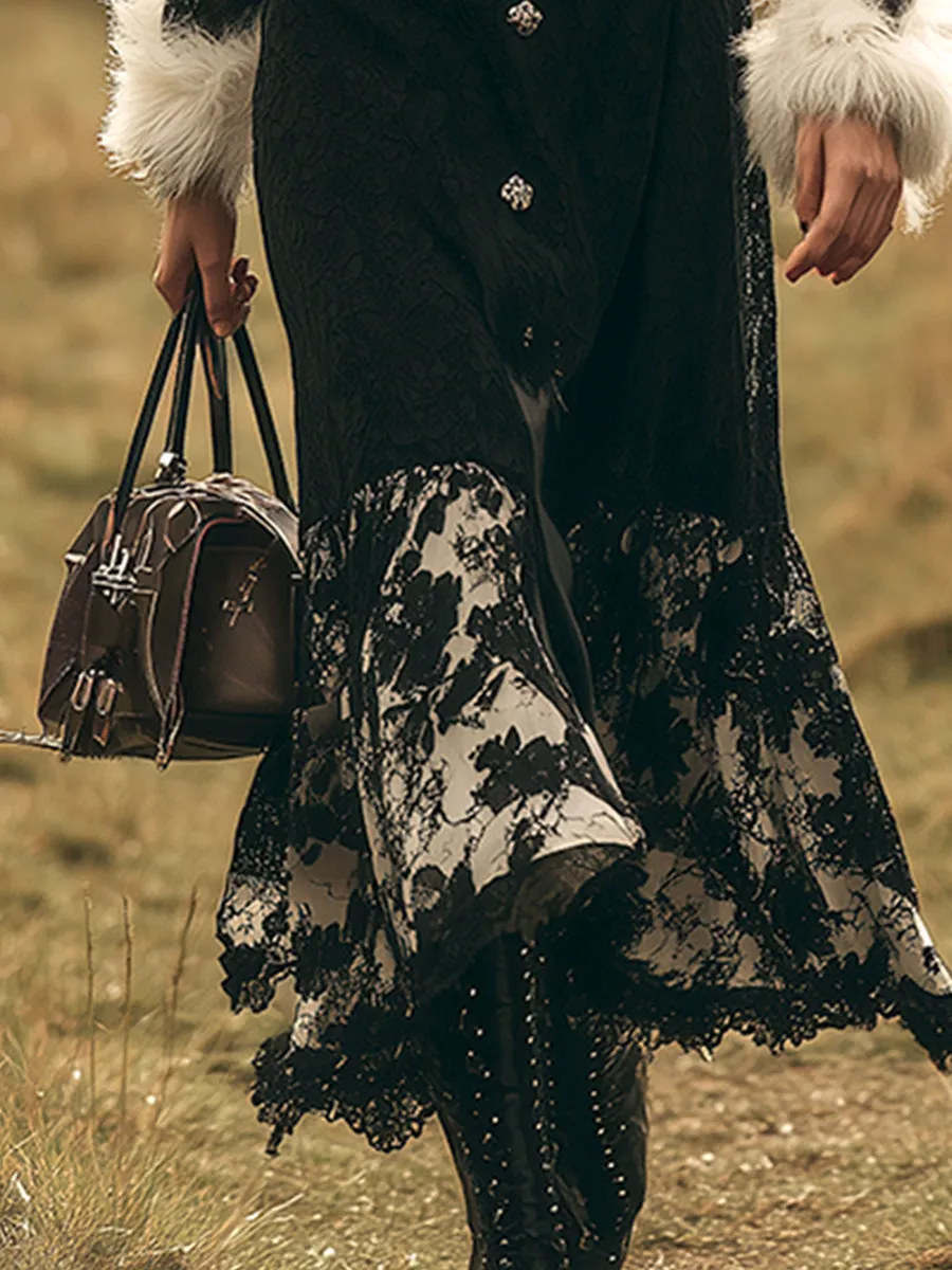 Vintage Luxury White Fur Trim Black Lace Maxi Dress sold by Oyrosy product image thumbnail 4