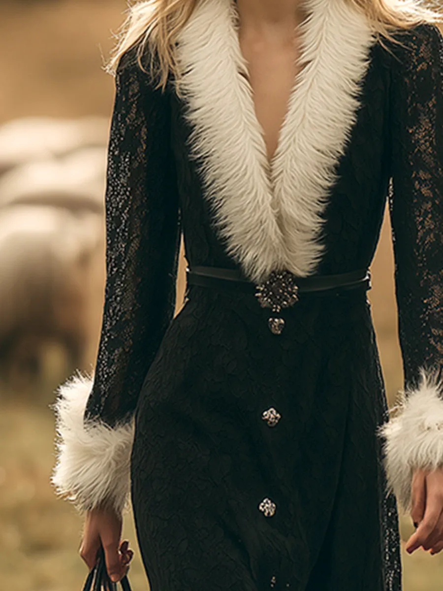 Vintage Luxury White Fur Trim Black Lace Maxi Dress sold by Oyrosy product image thumbnail 3