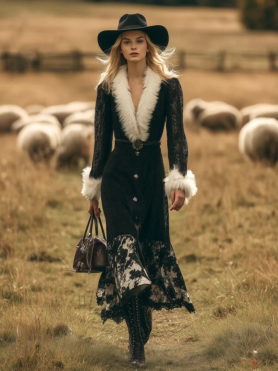 Vintage Luxury White Fur Trim Black Lace Maxi Dress sold by Oyrosy product image thumbnail 2