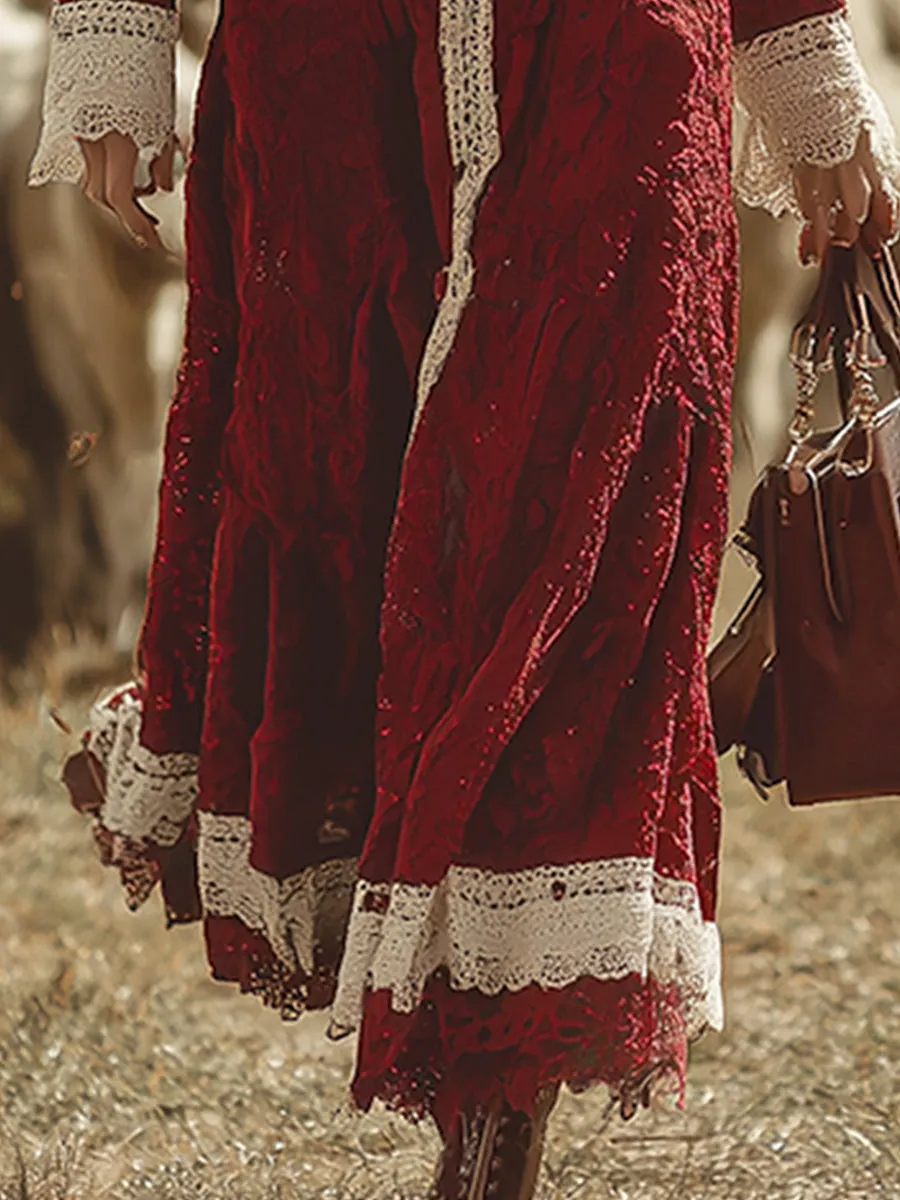 Retro Western White Trim Red V-Neck Lace Maxi Dress sold by Oyrosy product image thumbnail 4