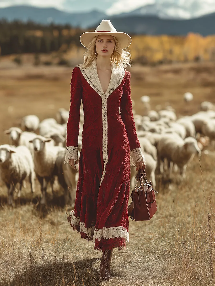 Retro Western White Trim Red V-Neck Lace Maxi Dress sold by Oyrosy product image thumbnail 2