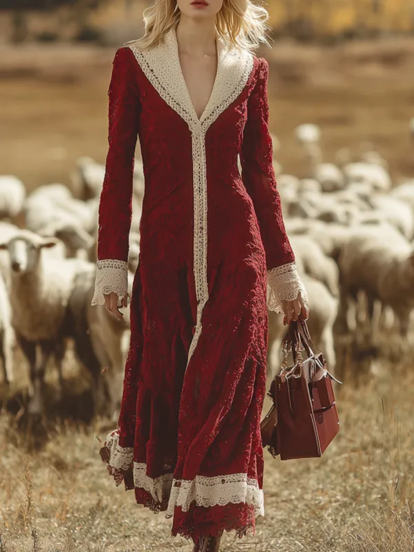 Retro Western White Trim Red V-Neck Lace Maxi Dress sold by Oyrosy
