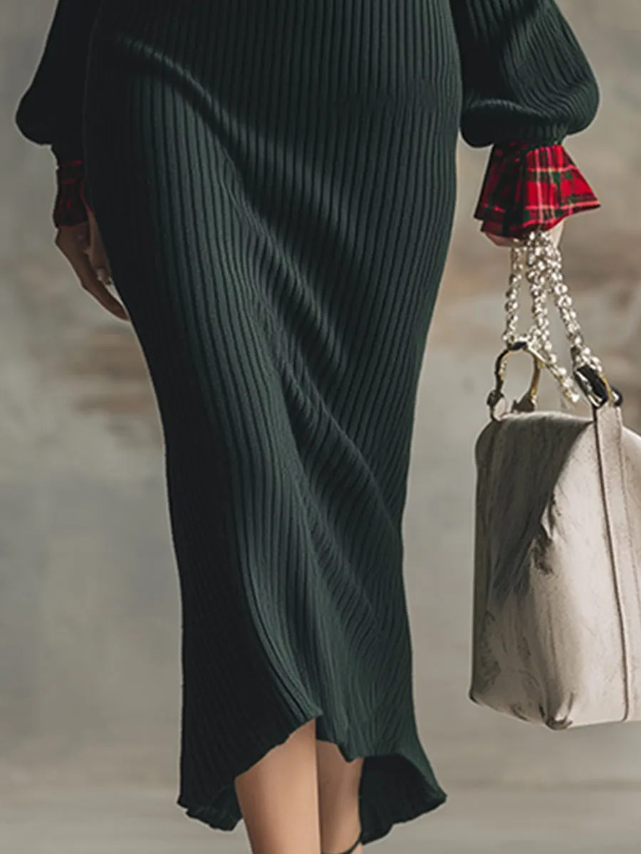 Classic Christmas Green Contrast Plaid Trim Knit Maxi Dress sold by Oyrosy product image thumbnail 4