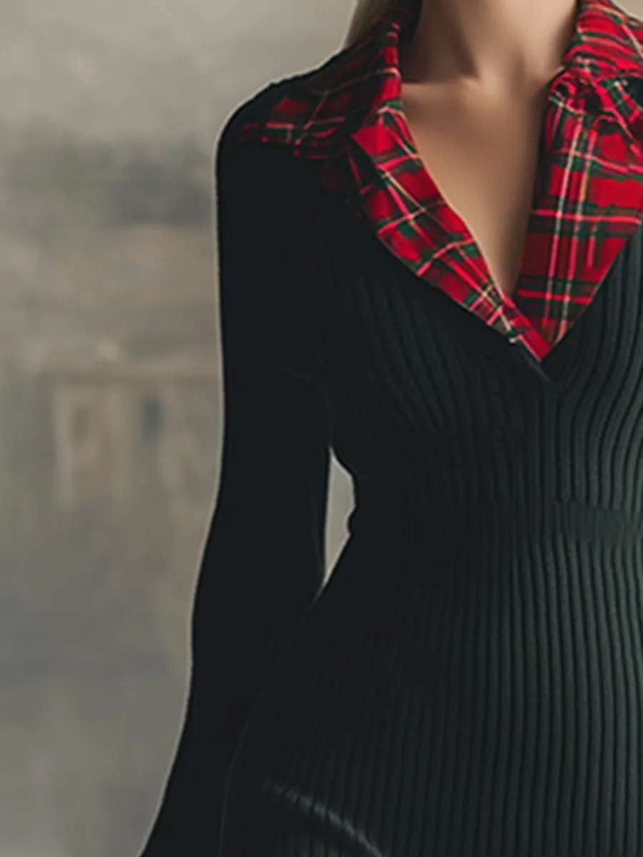 Classic Christmas Green Contrast Plaid Trim Knit Maxi Dress sold by Oyrosy product image thumbnail 3