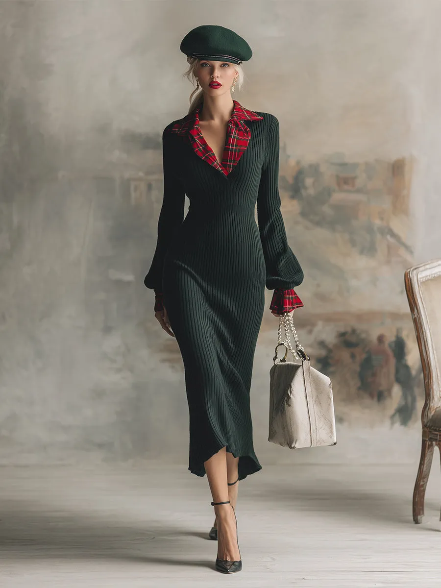 Classic Christmas Green Contrast Plaid Trim Knit Maxi Dress sold by Oyrosy product image thumbnail 2