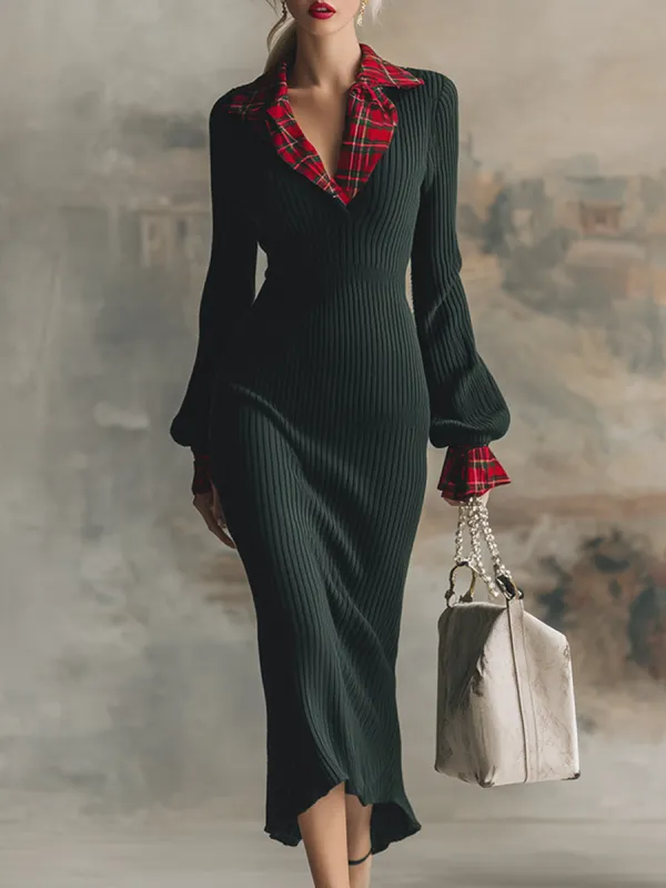 Classic Christmas Green Contrast Plaid Trim Knit Maxi Dress sold by Oyrosy