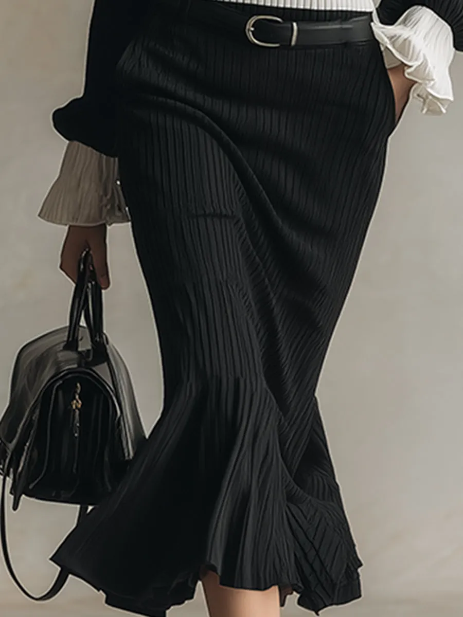 Elegant And Classic Contrast Striped Black V-neck Knitted Midi Dress sold by Oyrosy product image thumbnail 4