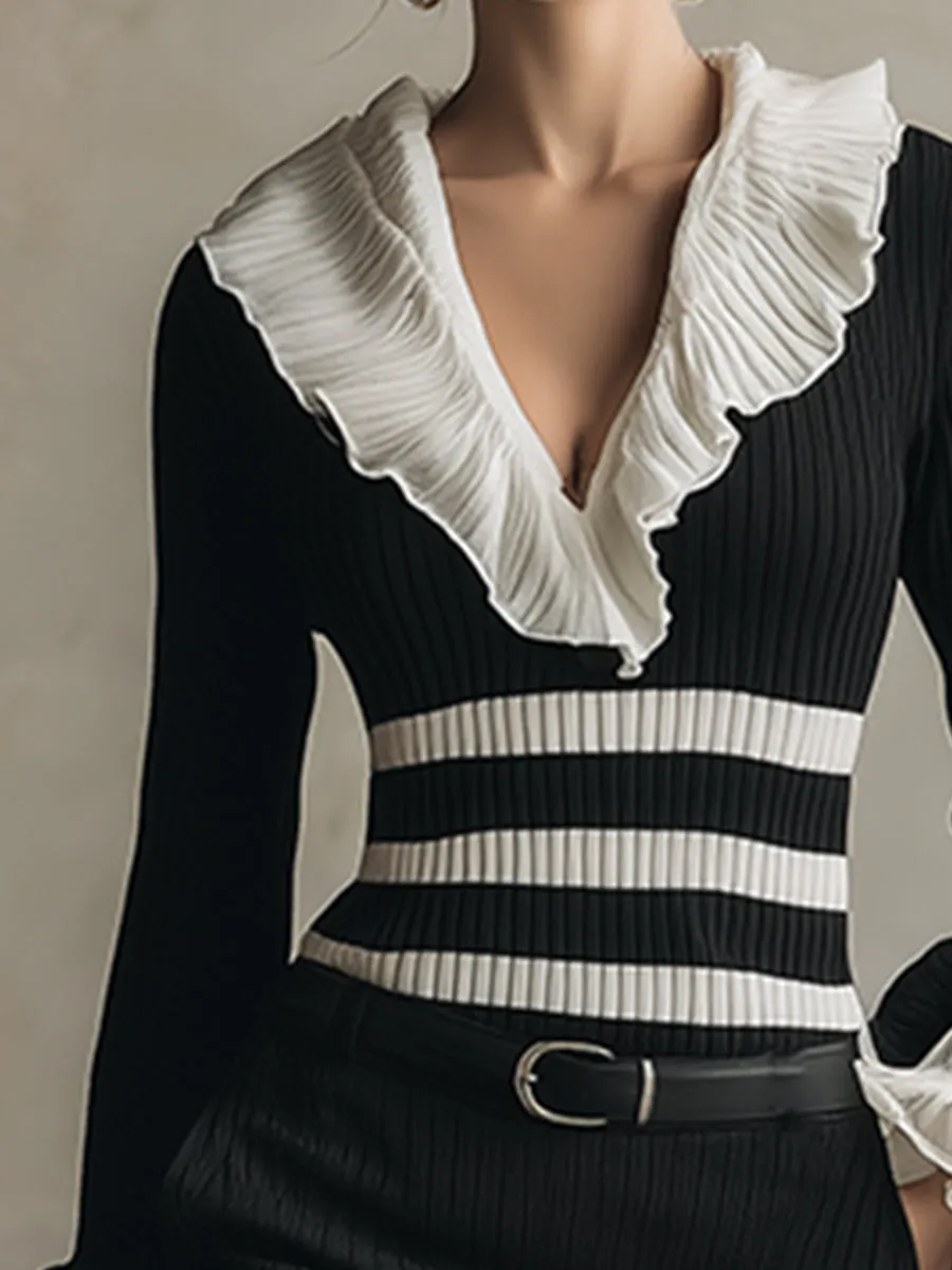 Elegant And Classic Contrast Striped Black V-neck Knitted Midi Dress sold by Oyrosy product image thumbnail 3
