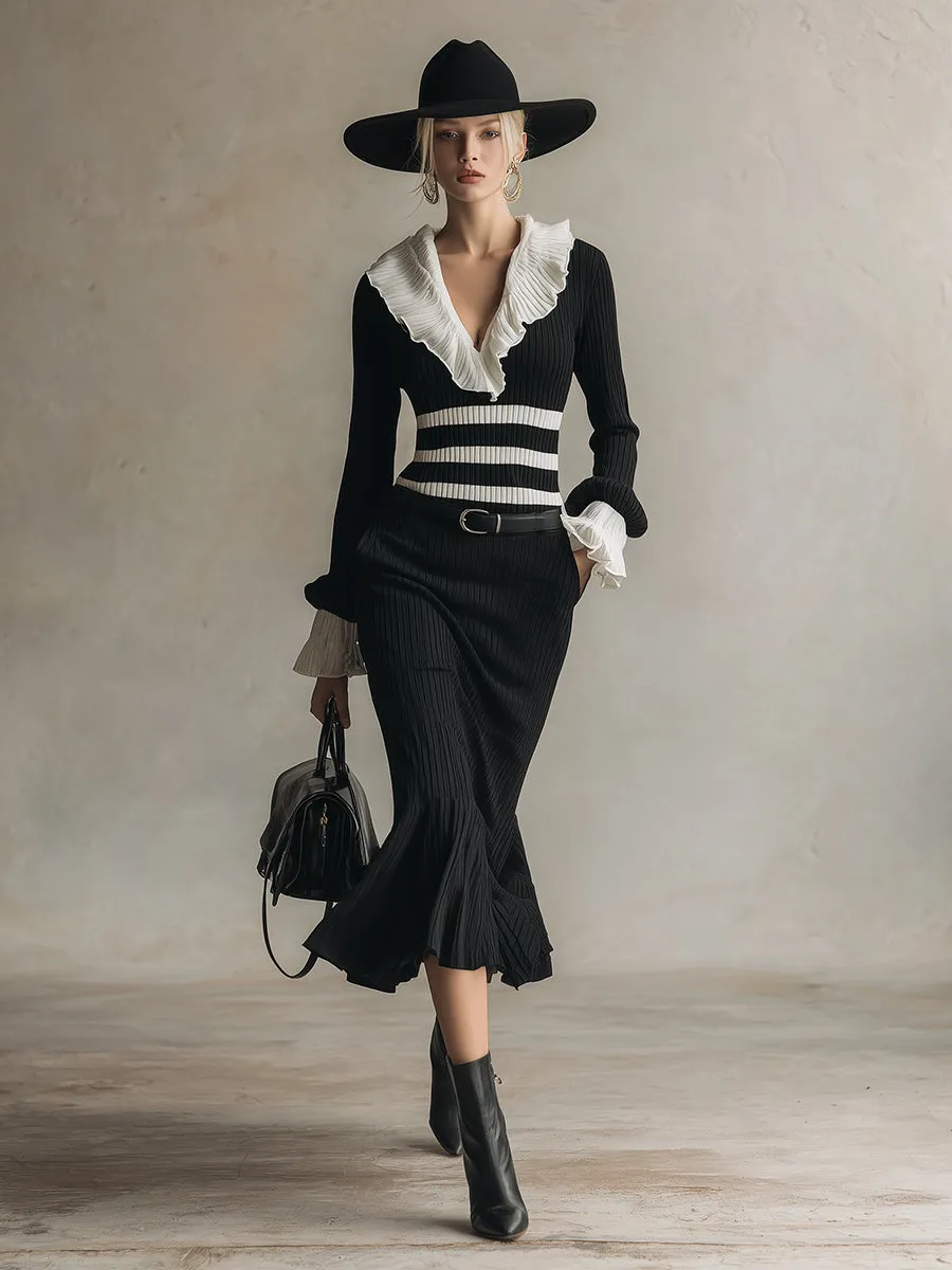 Elegant And Classic Contrast Striped Black V-neck Knitted Midi Dress sold by Oyrosy product image thumbnail 2
