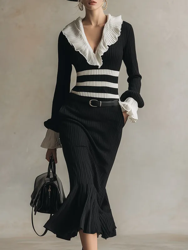 Elegant And Classic Contrast Striped Black V-neck Knitted Midi Dress sold by Oyrosy