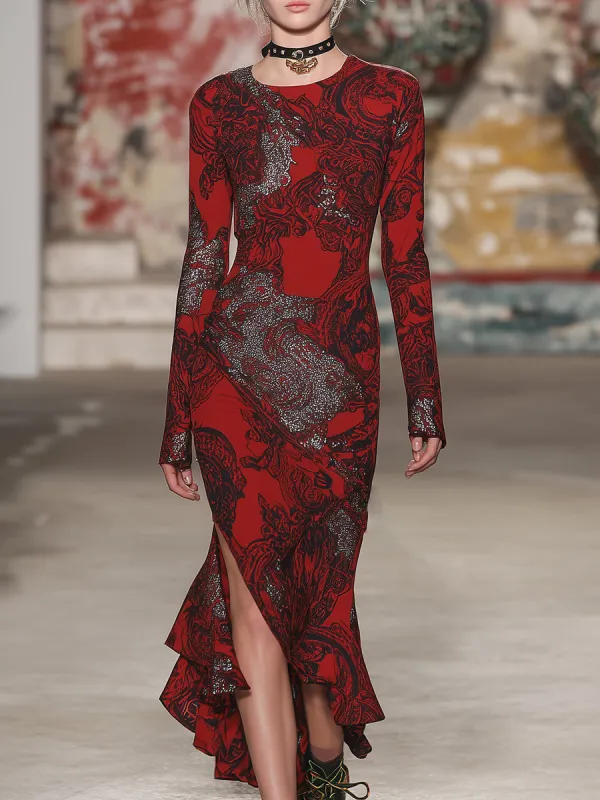 Retro Casual Printed Red Slit Maxi Dress sold by Oyrosy