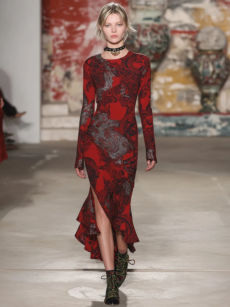 Retro Casual Printed Red Slit Maxi Dress sold by Oyrosy product image thumbnail 2