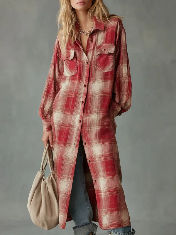 Casual Retro Red And Beige Plaid Shirt Maxi Dress sold by Oyrosy