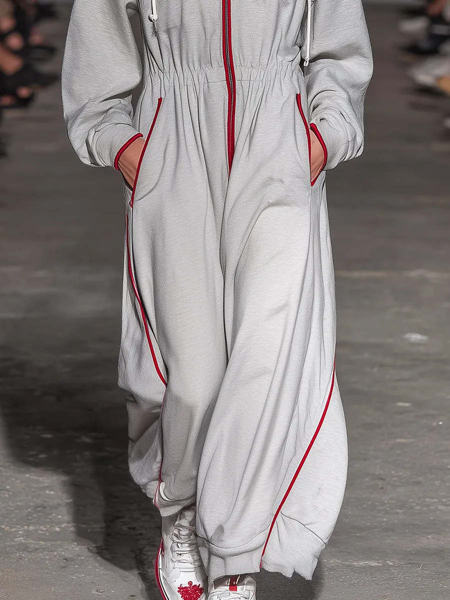 Casual Loose Sports Red Trim Light Gray Hooded Jumpsuit sold by Oyrosy product image thumbnail 4