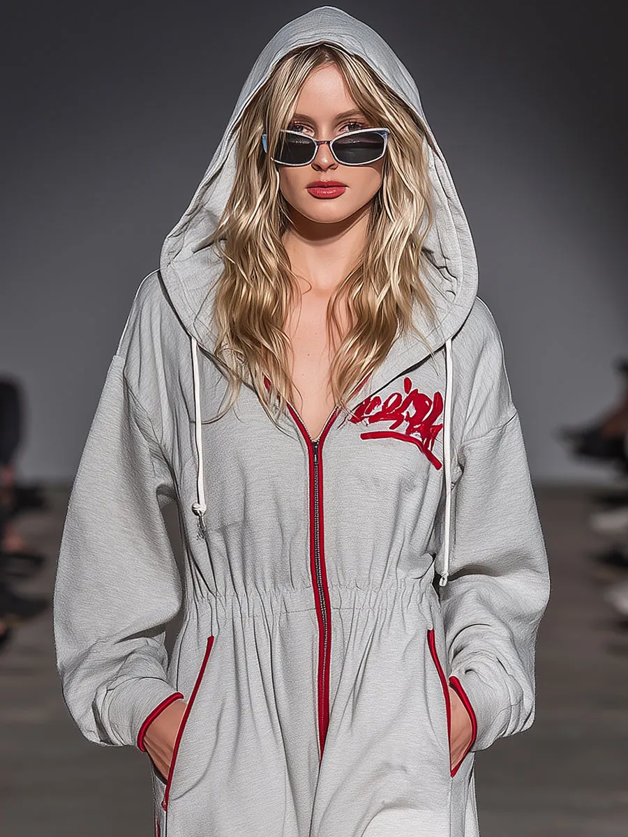 Casual Loose Sports Red Trim Light Gray Hooded Jumpsuit sold by Oyrosy product image thumbnail 3
