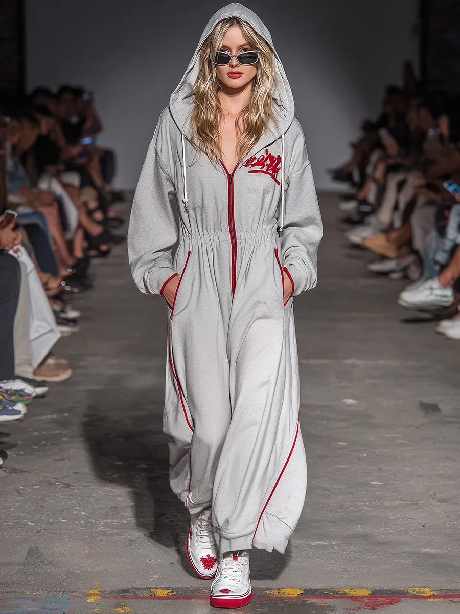 Casual Loose Sports Red Trim Light Gray Hooded Jumpsuit sold by Oyrosy product image thumbnail 2