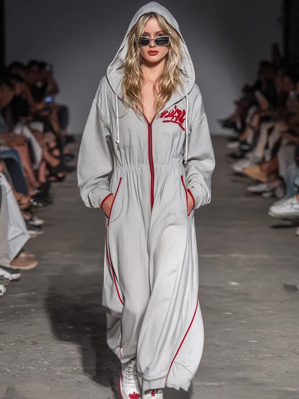 Casual Loose Sports Red Trim Light Gray Hooded Jumpsuit sold by Oyrosy