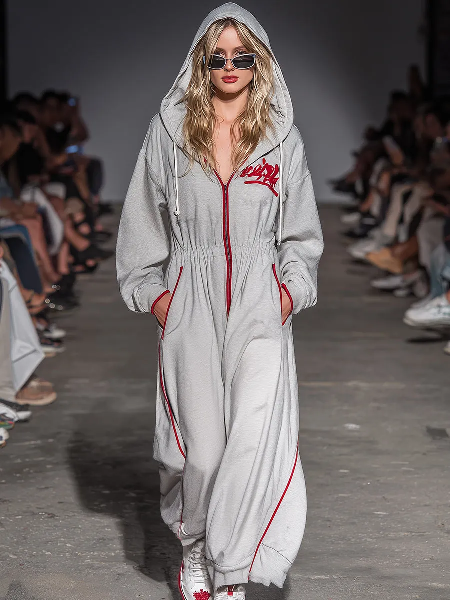Casual Loose Sports Red Trim Light Gray Hooded Jumpsuit sold by Oyrosy