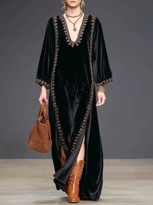 Loose V-neck Contrasting Edge Slit Velvet Maxi Dress sold by Oyrosy