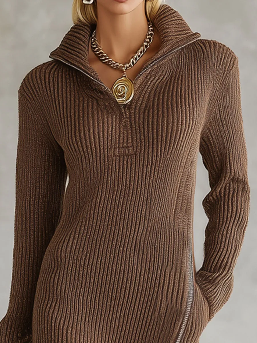 Half-open Collar Slit Zipper Knitted Midi Dress sold by Oyrosy product image thumbnail 2