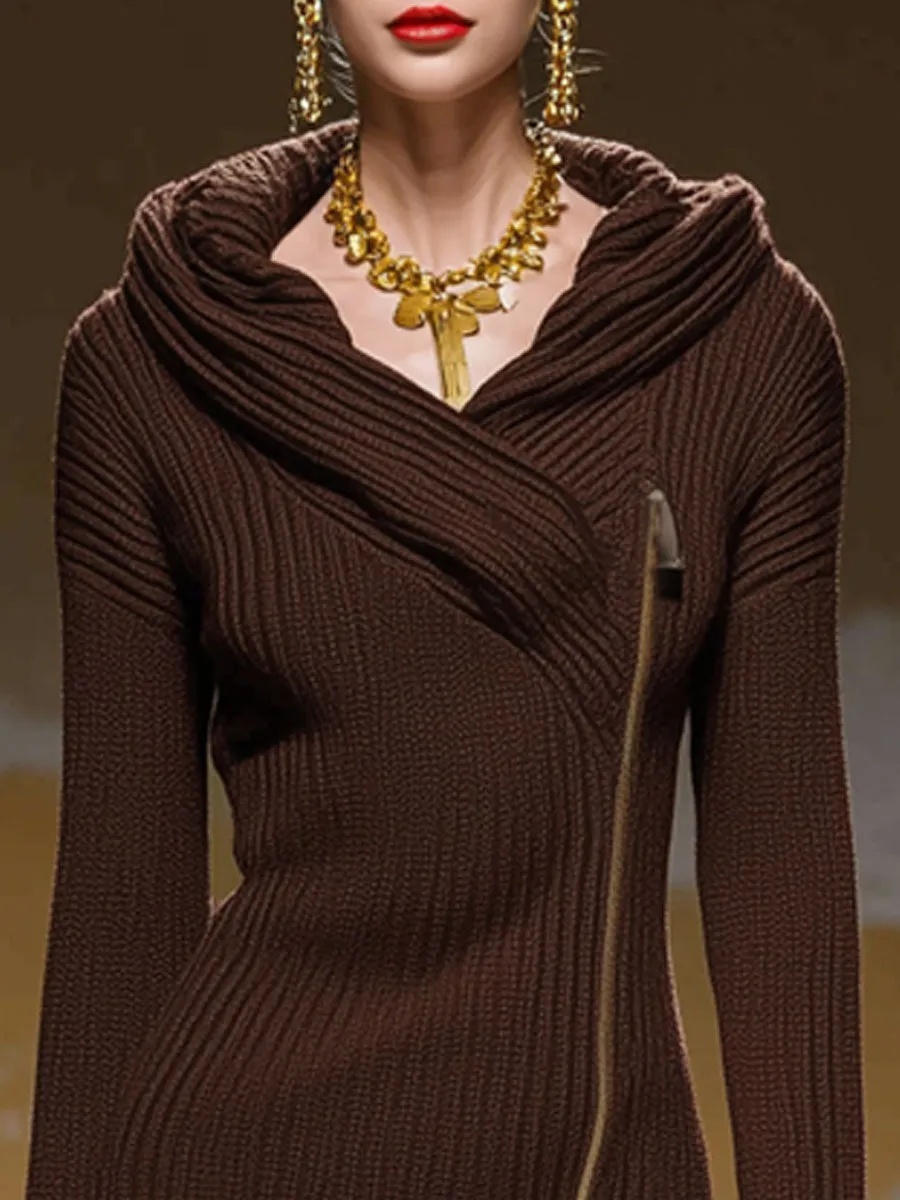 Diagonal Zipper Hooded Knitted Midi Dress sold by Oyrosy product image thumbnail 2