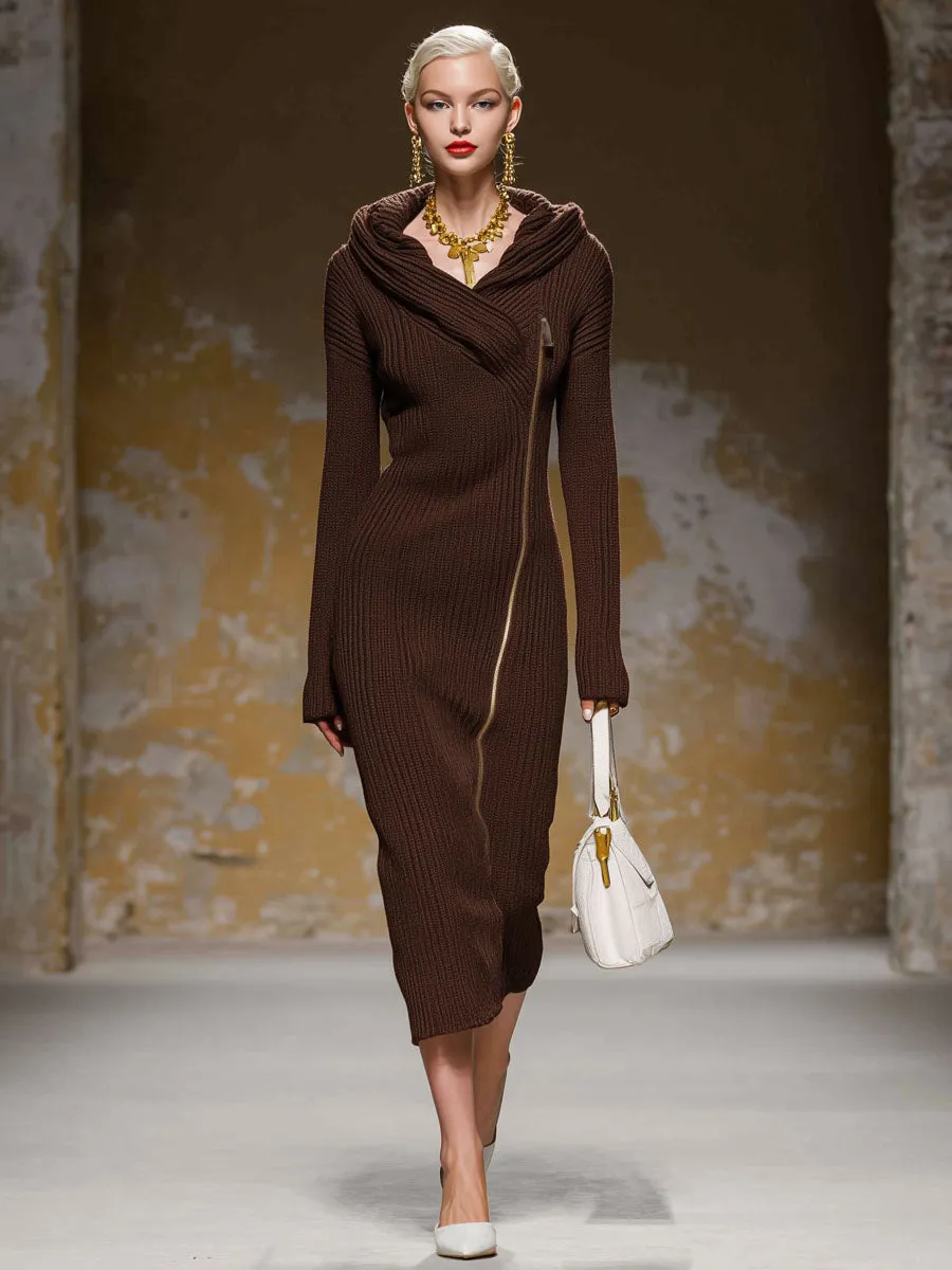 Diagonal Zipper Hooded Knitted Midi Dress sold by Oyrosy product image thumbnail 4