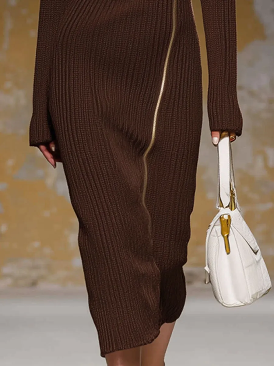 Diagonal Zipper Hooded Knitted Midi Dress sold by Oyrosy product image thumbnail 3
