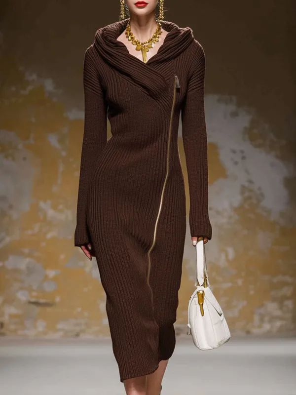 Diagonal Zipper Hooded Knitted Midi Dress sold by Oyrosy