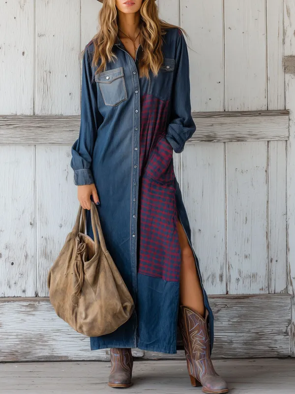 Western Retro Plaid And Dark Blue Denim Long-sleeved Slit Maxi Dress sold by Oyrosy