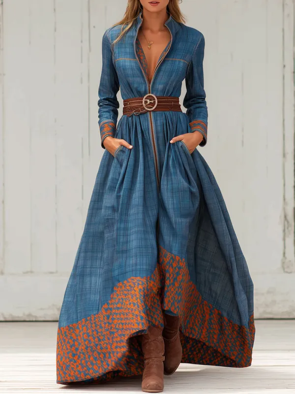 Western Retro Blue Plaid Long Sleeve Maxi Dress sold by Oyrosy