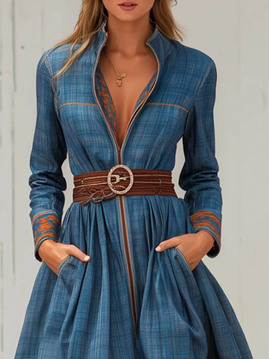 Western Retro Blue Plaid Long Sleeve Maxi Dress sold by Oyrosy product image thumbnail 3