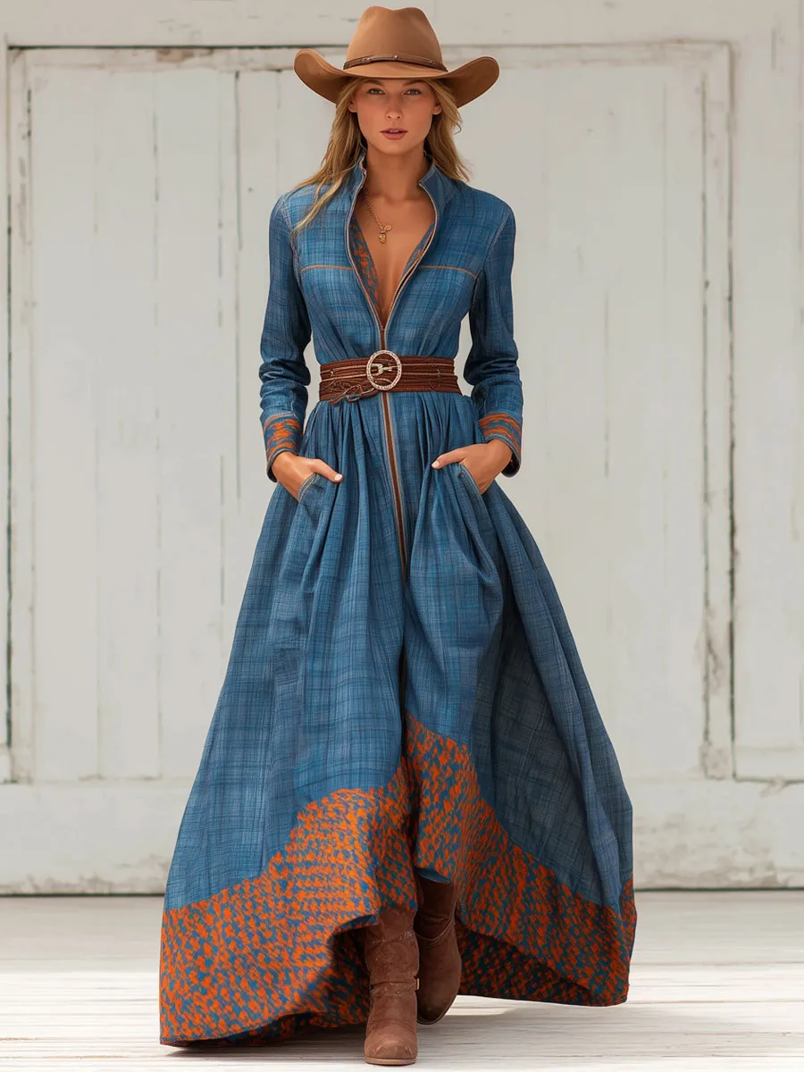 Western Retro Blue Plaid Long Sleeve Maxi Dress sold by Oyrosy product image thumbnail 2