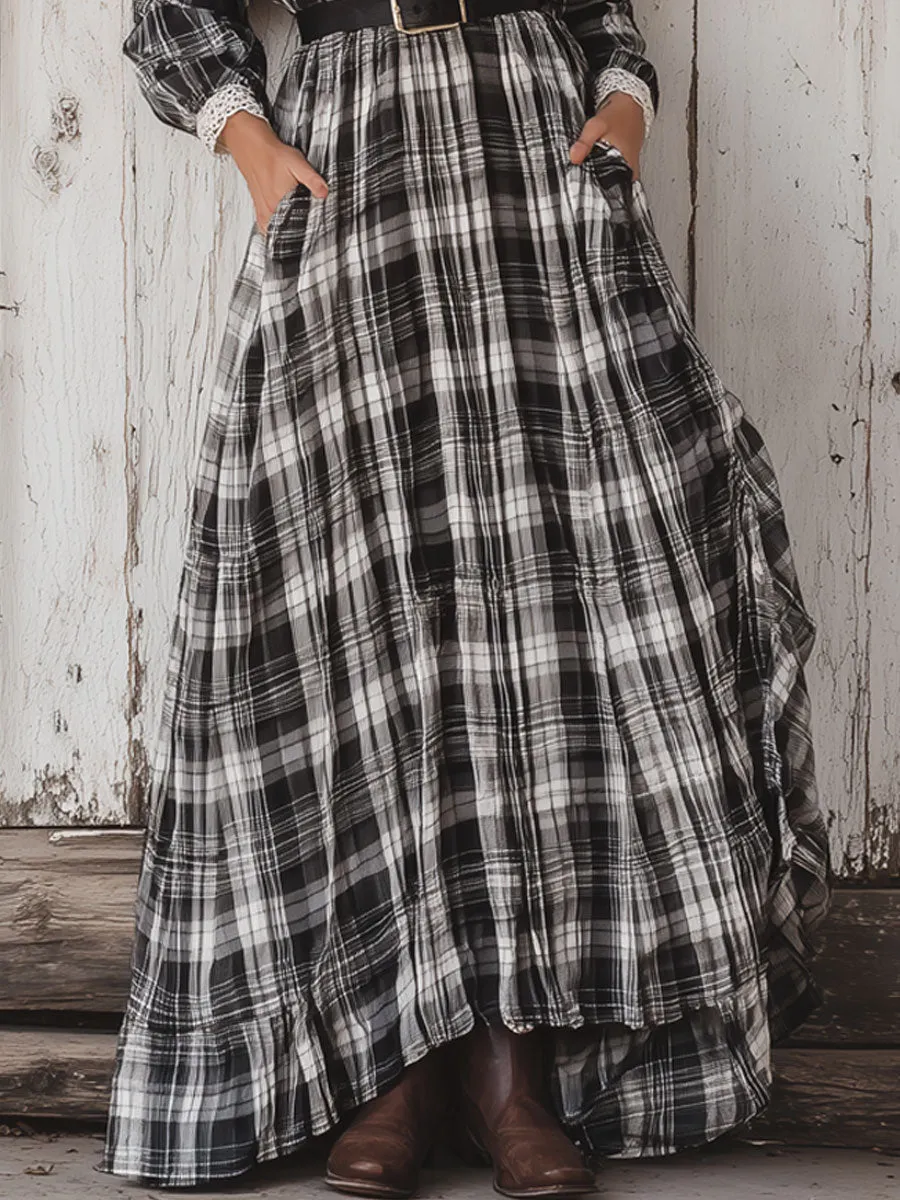 Western Retro Black And White Plaid Lace Long Sleeve Maxi Dress sold by Oyrosy product image thumbnail 4