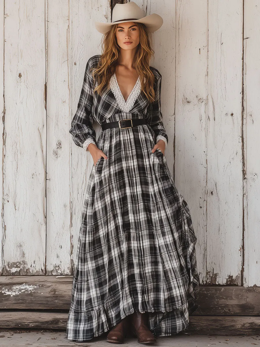 Western Retro Black And White Plaid Lace Long Sleeve Maxi Dress sold by Oyrosy product image thumbnail 2