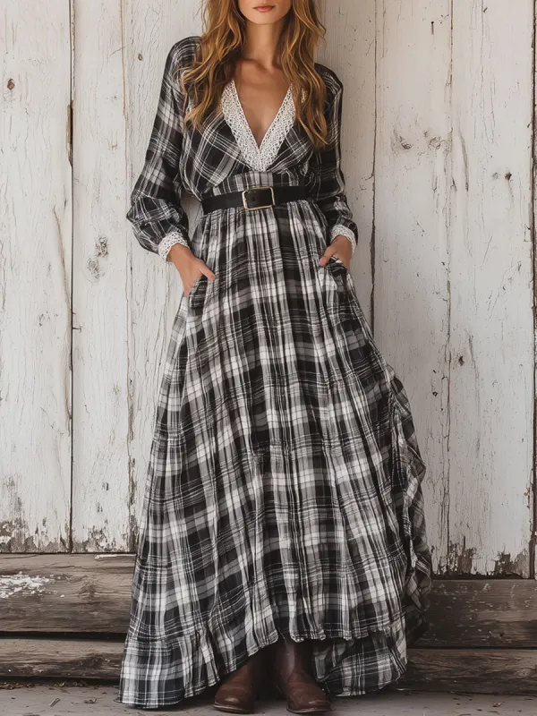 Western Retro Black And White Plaid Lace Long Sleeve Maxi Dress sold by Oyrosy