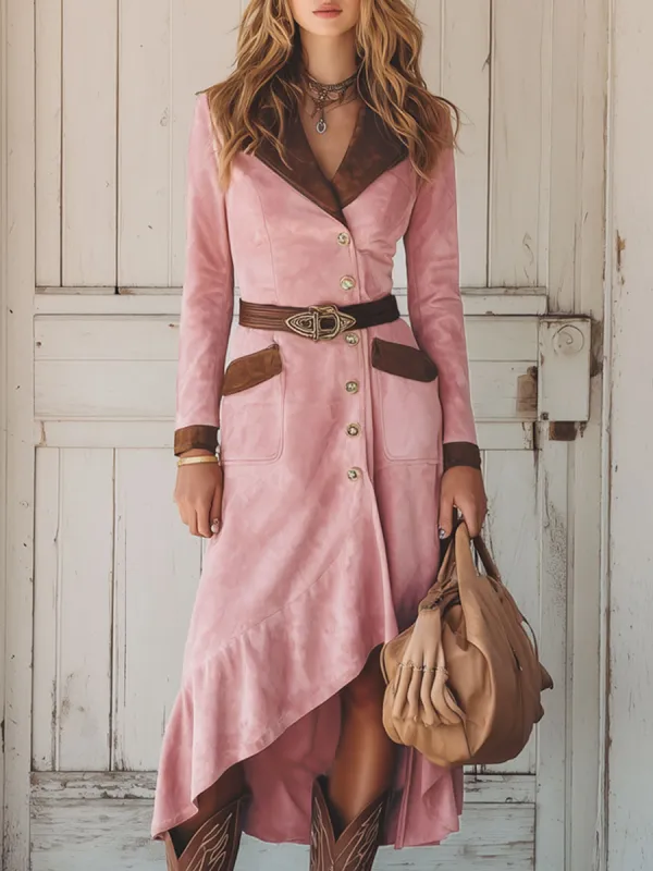 Western Retro Pink And Brown Faux Suede Long Sleeve Midi Dress sold by Oyrosy