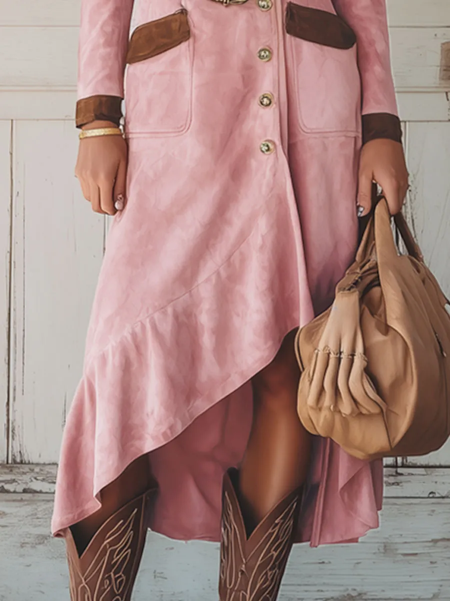 Western Retro Pink And Brown Faux Suede Long Sleeve Midi Dress sold by Oyrosy product image thumbnail 3
