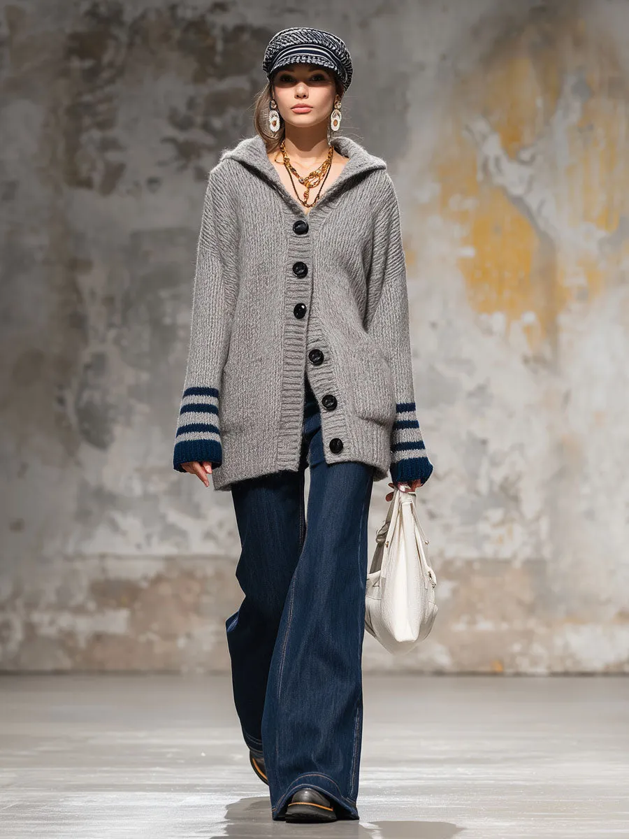 Loose-fitting Contrast Striped Single-breasted Knitted Hooded Cardigan sold by Oyrosy product image thumbnail 4