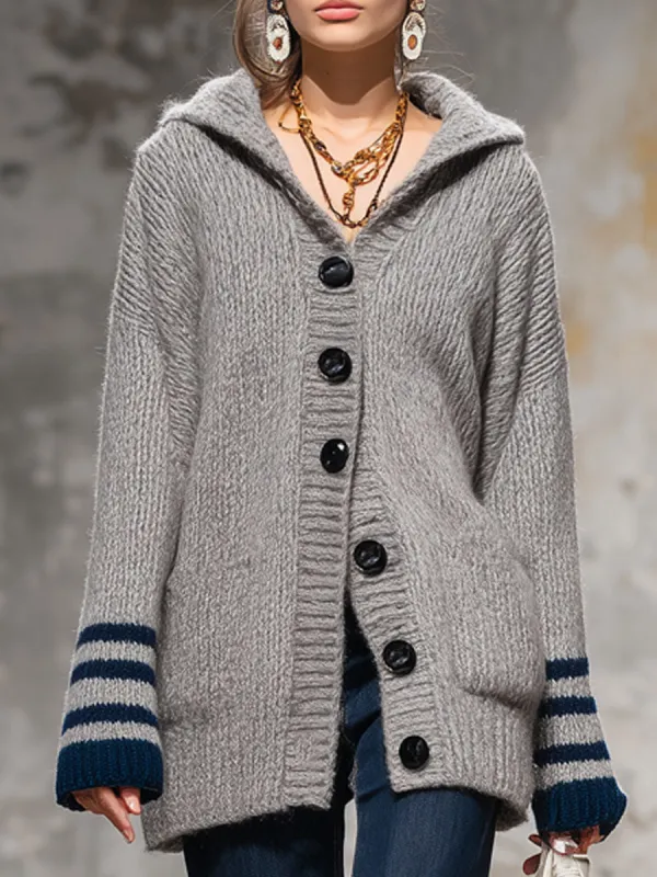 Loose-fitting Contrast Striped Single-breasted Knitted Hooded Cardigan sold by Oyrosy