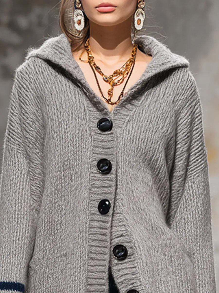 Loose-fitting Contrast Striped Single-breasted Knitted Hooded Cardigan sold by Oyrosy product image thumbnail 2