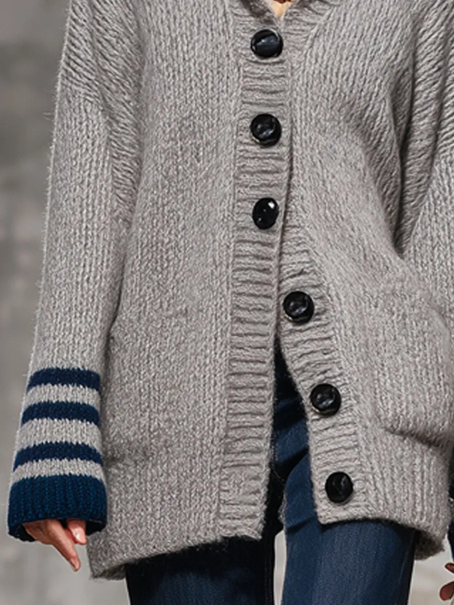 Loose-fitting Contrast Striped Single-breasted Knitted Hooded Cardigan sold by Oyrosy product image thumbnail 3