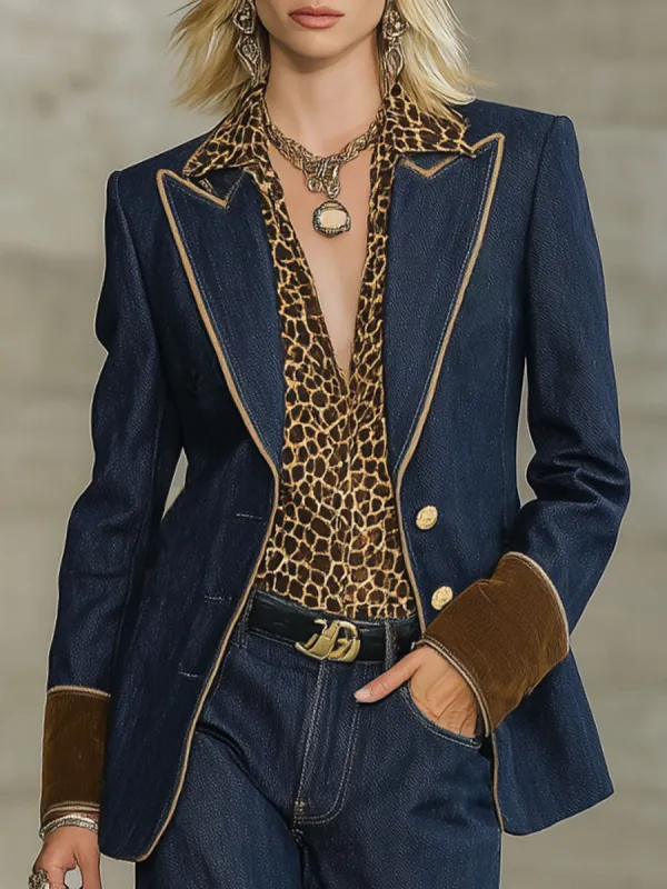 Lapel Contrast Stitching Single-breasted Denim Blazer sold by Oyrosy