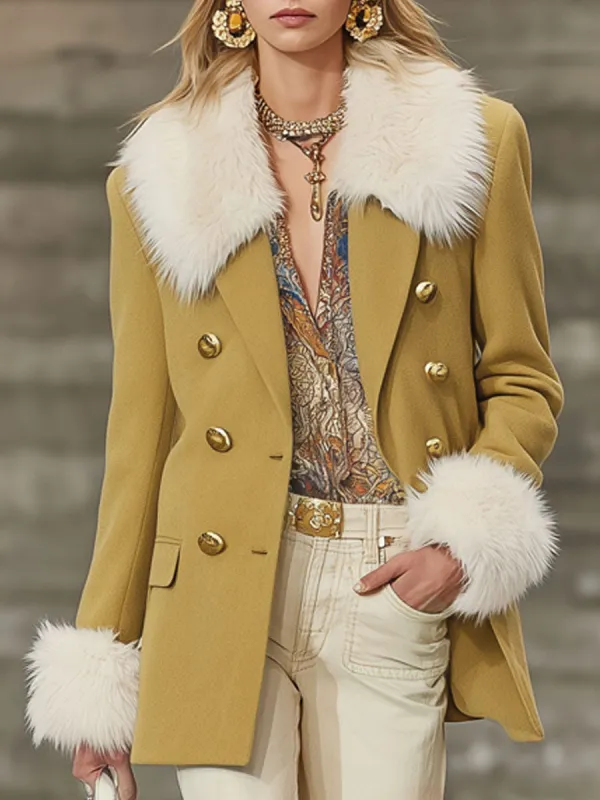 Lapel Faux Fur Collar Double-breasted Woolen Short Coat sold by Oyrosy