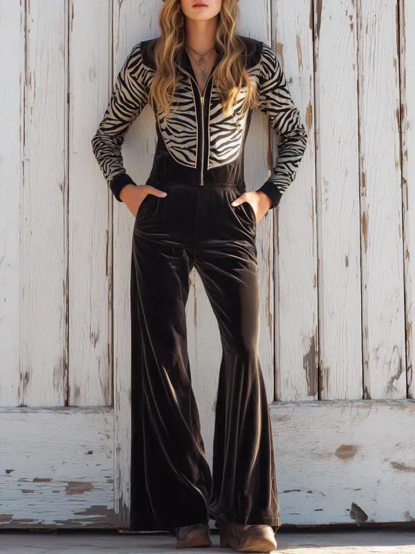 Western Retro Zebra Print Cocoa Brown Velvet Long Sleeve Wide Leg Jumpsuit sold by Oyrosy